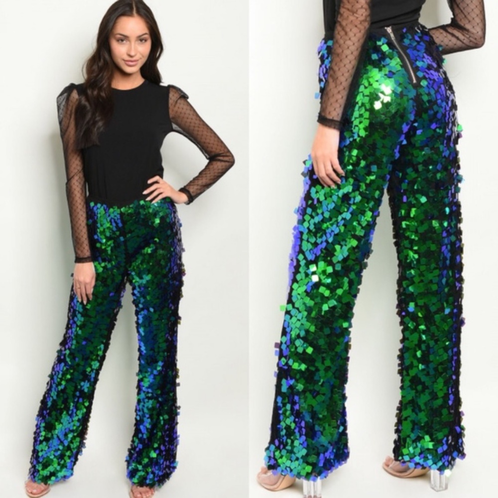 Large Green Blue Sequin Luxe Wide Leg Pant Bottoms